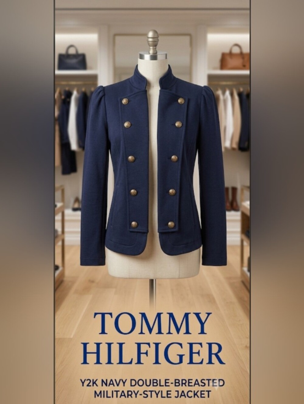 Y2K Tommy Hilfiger Navy Double-Breasted Women's Mikitary Style Jacket!!!